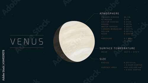 Detailed flat vector illustration of Venus with relevant information next to it. Feel free to use only parts of the illustration too.
