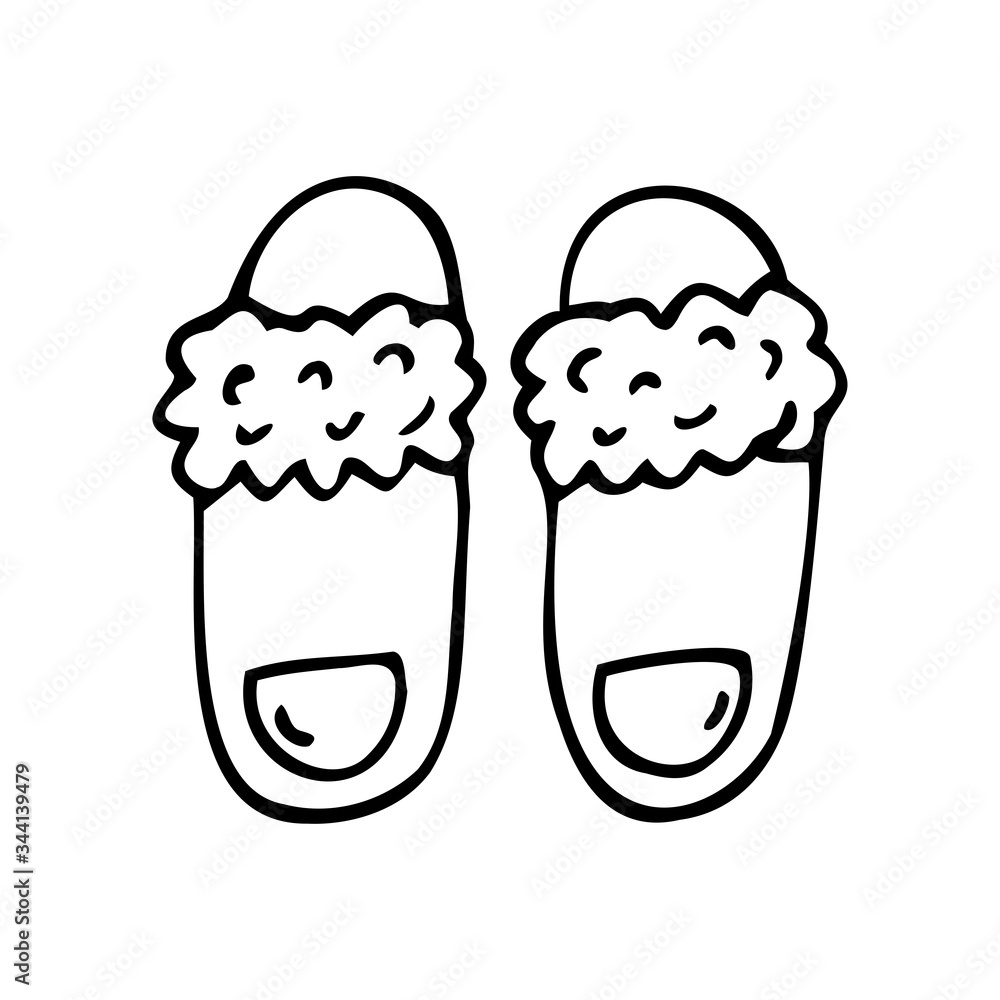 Hand drawn women's home Slippers on a white isolated background. Doodle, simple outline illustration. It can be used for decoration of textile, paper and other surfaces. Hand drawn women's home Slippers on a white isolated background. Doodle, simple outline illustration. It can be used for decoration of textile, paper and other surfaces.