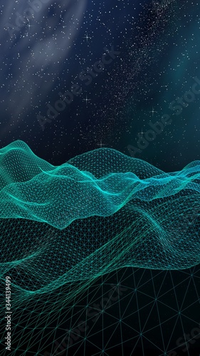 Abstract landscape on a dark background. Cyberspace grid. hi tech network. Outer space. Vertical orientation. Starry outer space texture. 3D illustration © Plastic man