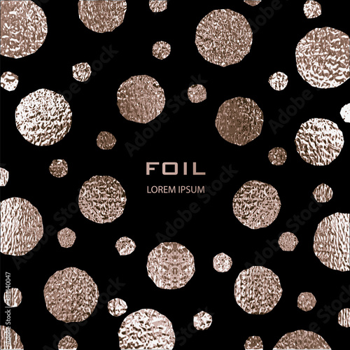 Golden Festive confetti. Bronze Polka dot. Gold glitter background for the card, invitation. Copper Holiday Decorative element. Illustration of falling shiny particles on black background.