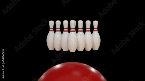 3d render Red bowling ball on a black background with pins