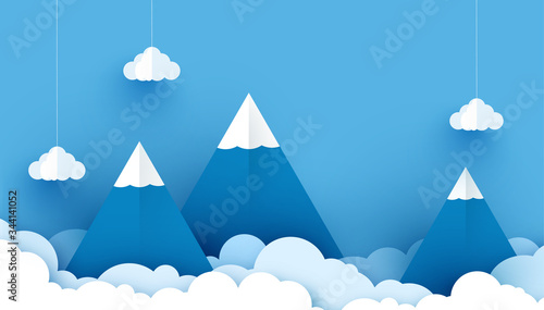illustration of an airplane over a cloud. design paper art and handicraft. Paper art origami mountains with snow, white fluffy clouds, blue sky. Landscape with high mountains. vector illustration