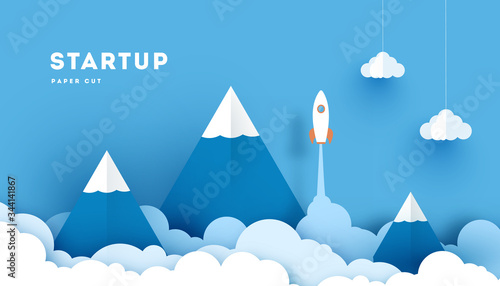 Start up business concept. rocket flying on the air,paper art and digital craft style. vector illustartion