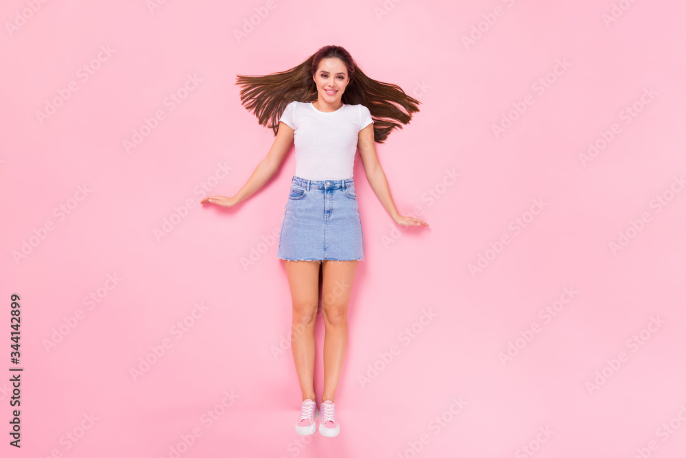 Top above high angle view full length photo of good look lovely youth girl lady enjoy spring free time weekend lay isolated over pastel color background Top above high angle view full length photo of good look lovely youth girl lady enjoy spring free time weekend lay isolated over pastel color background