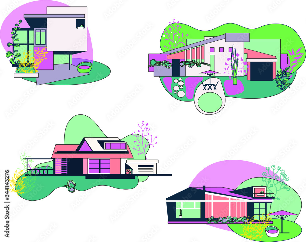 Cute Cabine Cottages and Houses Flat Illustration Set