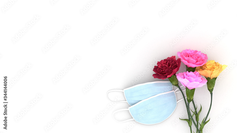 Background image of colorful flowers and masks. Concept image of the impact on Mother's Day of influenza and viruses such as SARS and COVID-19. Background image of colorful flowers and masks. Concept image of the impact on Mother's Day of influenza and viruses such as SARS and COVID-19.