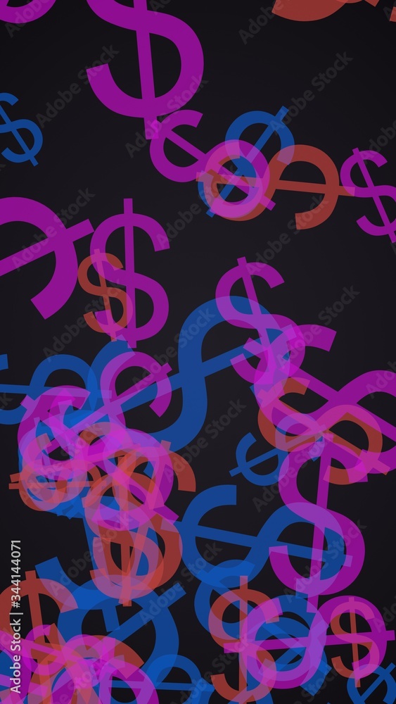 Multicolored translucent dollar signs on dark background. Red tones. 3D illustration Multicolored translucent dollar signs on dark background. Red tones. 3D illustration