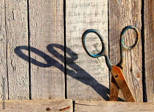 rusty scissors on the wooden wall. shadow on the wall from scissors