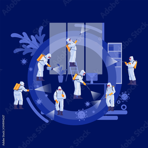 Disinfection Services and Deep Cleaning concept. Coronavirus, pandemic. Group Of Janitors In Uniform Cleaning and decontamination to curb infection covid-19. Vector illustration