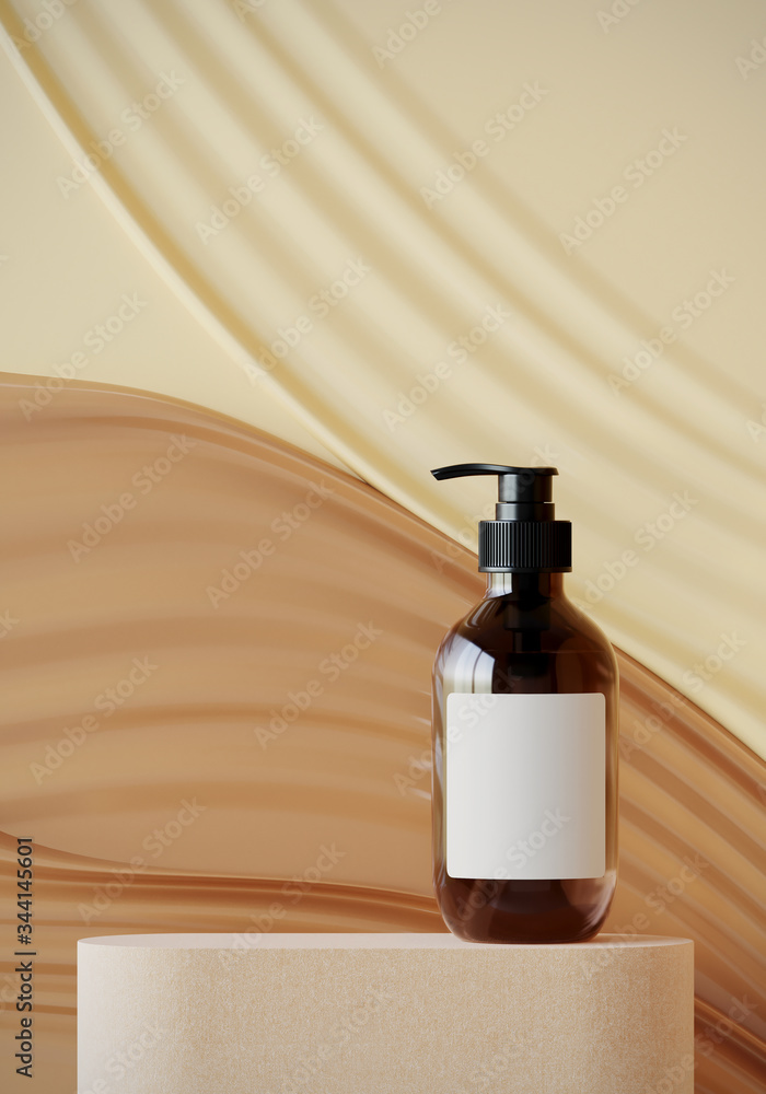 Minimal background for soft and smooth concept. Cosmetic bottle on podium with cream ripple surface background. 3d rendering illustration. Minimal background for soft and smooth concept. Cosmetic bottle on podium with cream ripple surface background. 3d rendering illustration.