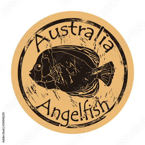 Australian scribbled angelfish silhouette icon round shabby emblem design old retro style. Angelfish in full growth logo mail stamp on craft paper vintage grunge sign. Scribbled angelfish fish