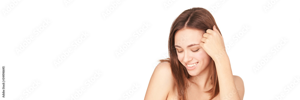 Beauty young woman smiling. Studio happy portrait. Medicine procedure. Cosmetology skin health. White isolated background. Dentist teeth concept. Oral care. Self home routine. Horizontal banner Beauty young woman smiling. Studio happy portrait. Medicine procedure. Cosmetology skin health. White isolated background. Dentist teeth concept. Oral care. Self home routine. Horizontal banner