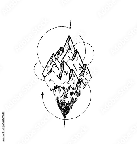 The tops of the mountains with in the shape of a rhombus. Mountains made by dots. The circles are used as a decorative element. Doodling technique.