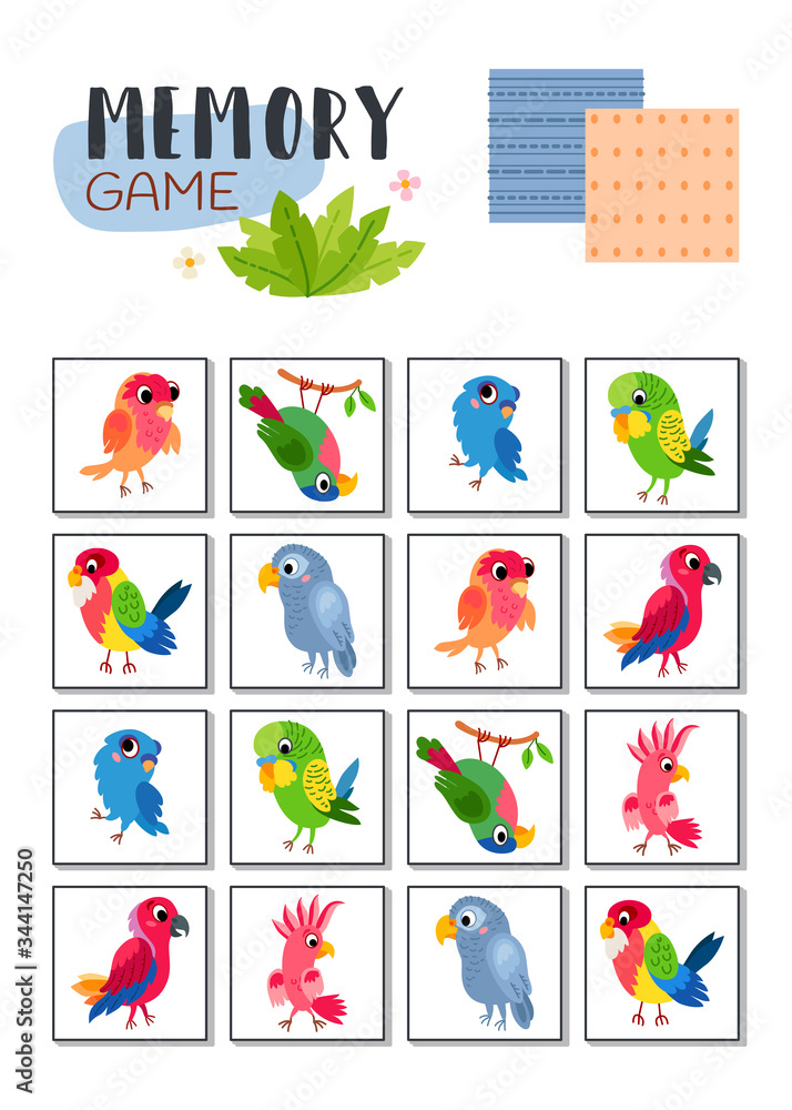 Memory game with cartoon tropical parrots. Vector