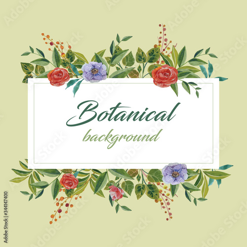 Water color red and purple rose botanical style on top and bottom with white ,pale green background illustration vector.