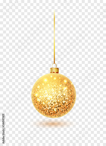 Gold glitter christmas ball hanging. Christmas bauble decoration elements. Object isolated a background with transparency effect.