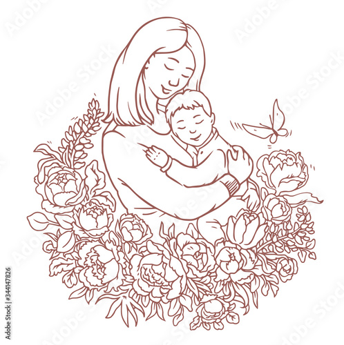 Mother with her little son. Adult coloring vector page. Motherday illustration