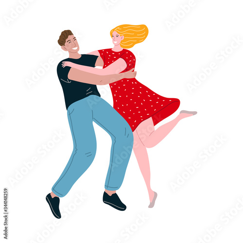 Young smiling couple in love dating, meeting and hugging each other vector illustration