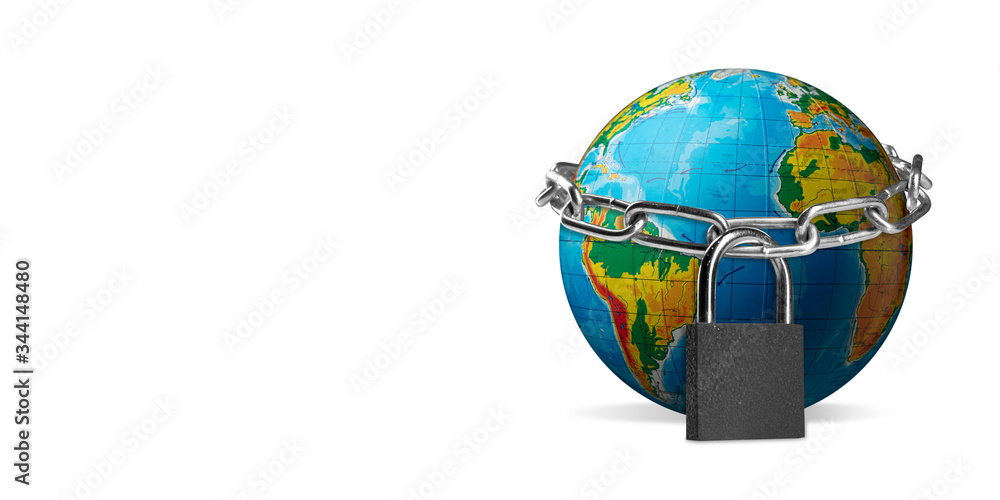 Fototapeta premium Planet Earth, globe locking with chain. Countries lockdown during coronavirus, COVID spreading. Concept of medicine and healthcare. Worldwide epidemic, quarantine, insulation. Flyer with copyspace.