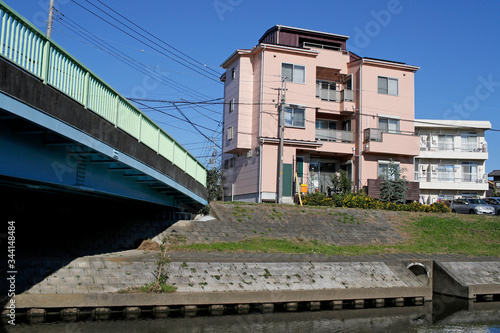 Bridge over a river in the suburbs of Hibarigaoka, Nishitokyo, Tokyo, Japan