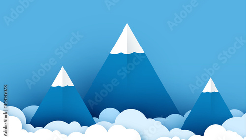 Paper art origami mountains with snow  white fluffy clouds  blue sky. Landscape with high mountains. Illustration of nature landscape and concept of travelling. vector