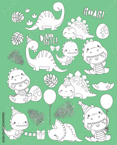 a vector of dinosaur-themed birthday in black and white colours
