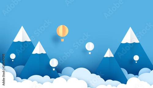 3D paper art and craft of balloon white floating on sky, Balloon with travel. landscape snowy mountain.vector illustartion