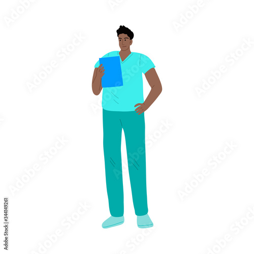 Young man doctor in uniform reading medical test result