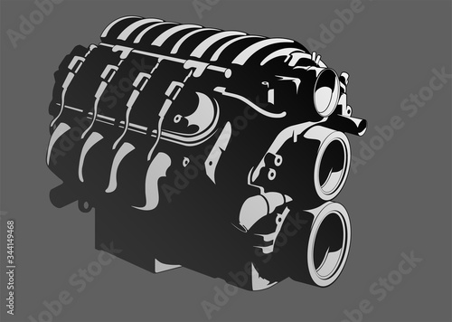 Black and white modern car engine in vector.
