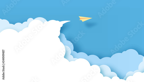 Yellow paper airplanes flying on blue sky and cloud.Paper art style of business success and leadership creative concept idea.Vector illustration.
