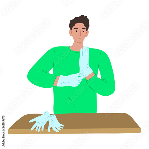 Young man wearing gloves for protecting from coronavirus infection