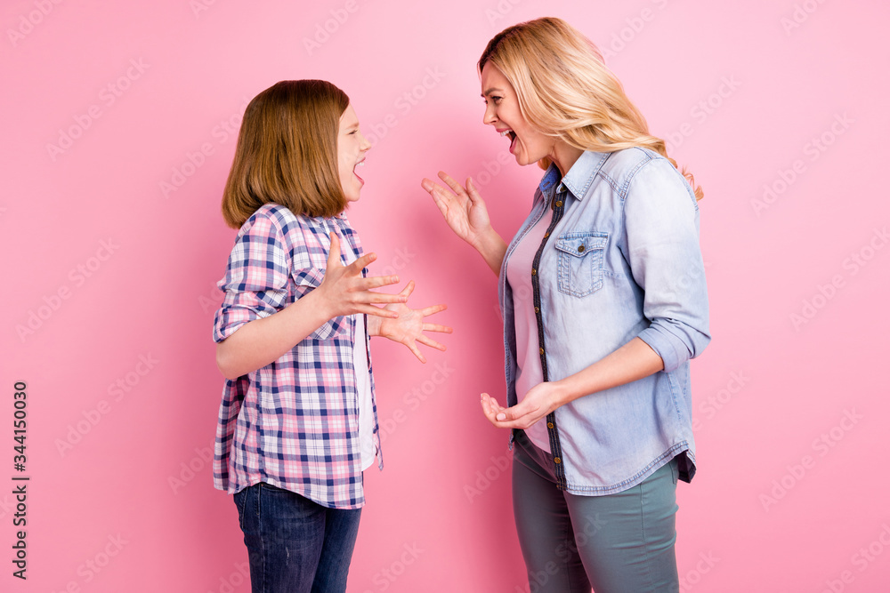 Profile side photo of anger outraged mother daughter yell shout have misunderstanding wear denim jeans checkered plaid shirt isolated over pastel color background