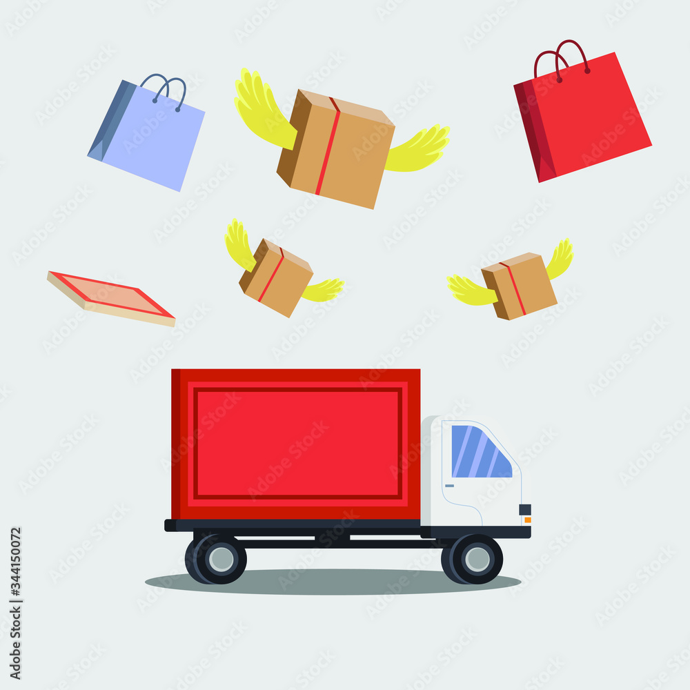 Package delivery vector concept with flying shopping bag & package boxes on the delivery truck in the white background Package delivery vector concept with flying shopping bag & package boxes on the delivery truck in the white background