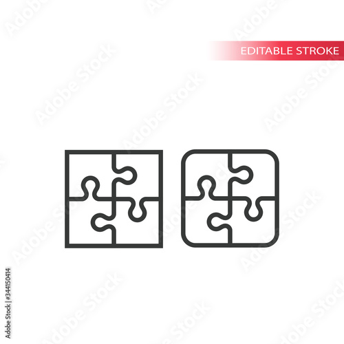 Jigsaw puzzle, four pieces assembly thin line vector icon set. Editable stroke.