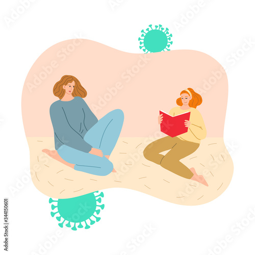 Mother and daughter staying at home and reading for protection from coronavirus infection