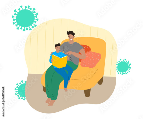 Father and son staying at home and reading for protection from coronavirus infection