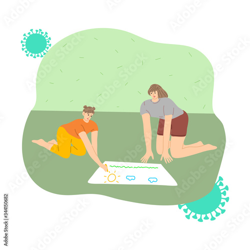 Mother and daughter staying at home and drawing for protection from coronavirus infection