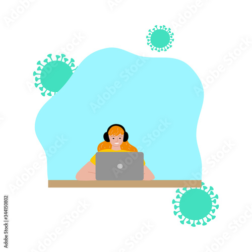 Boy watching movie from laptop and staying at home for protection from coronavirus infection