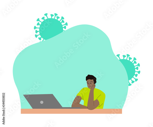 Boy sitting, watching movie and staying at home for protection from coronavirus infection