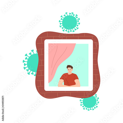 Boy looking at window and staying at home for protection from coronavirus infection