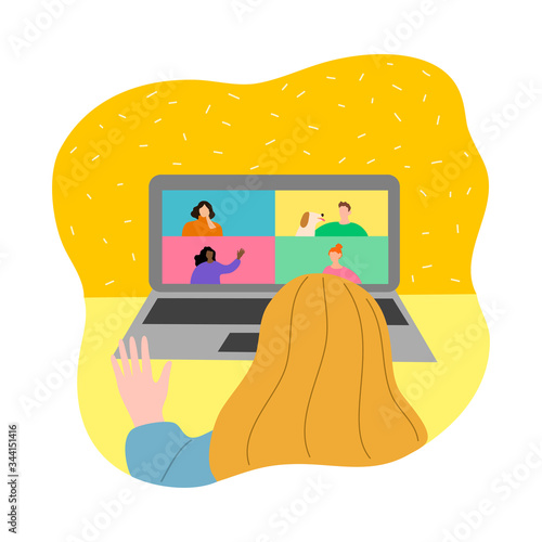 Woman meeting friends via internet during isolation for protection from coronavirus infection