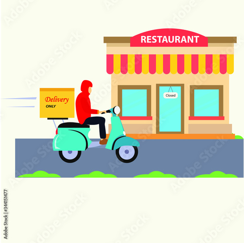 Covid-19 social distancing vector concept with delivery man riding his scooter which connected from the restaurant to the customer's smartphone in the white background
