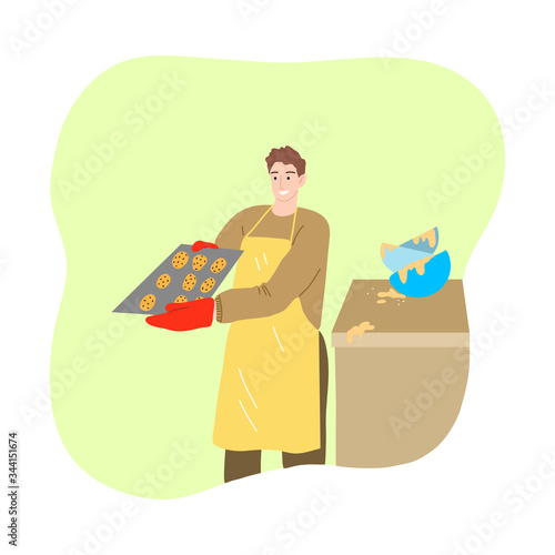 Man baking during isolation for protection from coronavirus infection