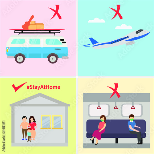 Covid-19 social distancing vector concept with colorful layers of three activities in the public transportation and a group of family figures staying at home
