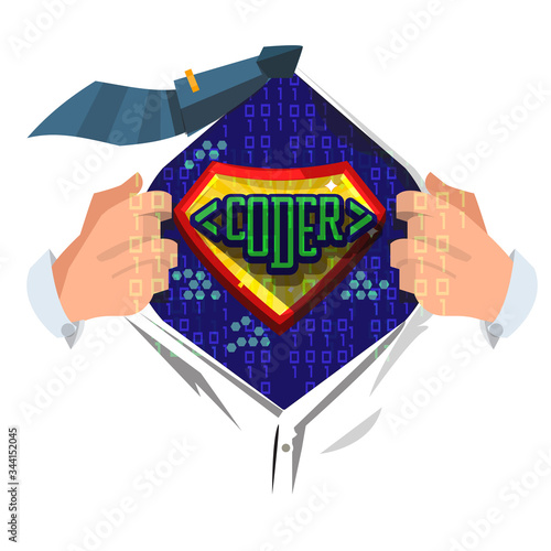 man open shirt to show"Coder"text - vector