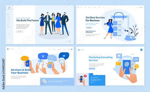 Set of flat design web page templates of business services, digital marketing, social media, our team, online communic. Modern vector illustration concepts for website and mobile website development. 