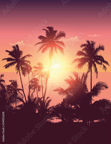 Fototapeta Naklejka Na Ścianę i Meble -  beautiful sunset by the ocean with palm silhouette realistic landscape background vector illustration EPS10