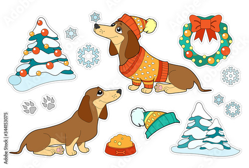 Colorful kids Christmas holiday sticker pack with cheerful dogs, Christmas trees, winter clothes, snowflakes and Christmas wreath. Pets. Seasons and holidays. Cut and glue children game.