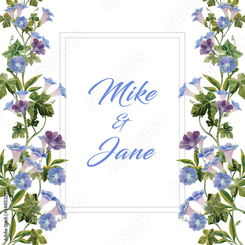 Water color wedding card decorated with blue morning glory flower in botanical style bouquet on both side illustration vector.