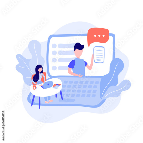 Vector cute illustration of woman with a laptop sits at a table and watches a presentation. Work at home online, freelancer. Home education in flat style